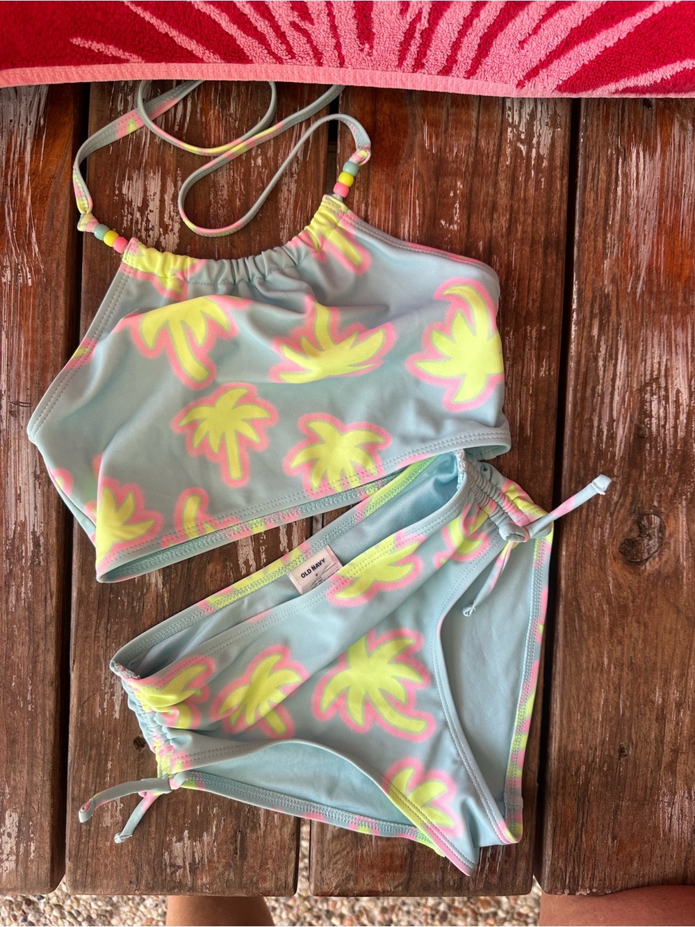 Old Navy Light Blue Bikini Set with Neon Yellow and Pink Palm Print